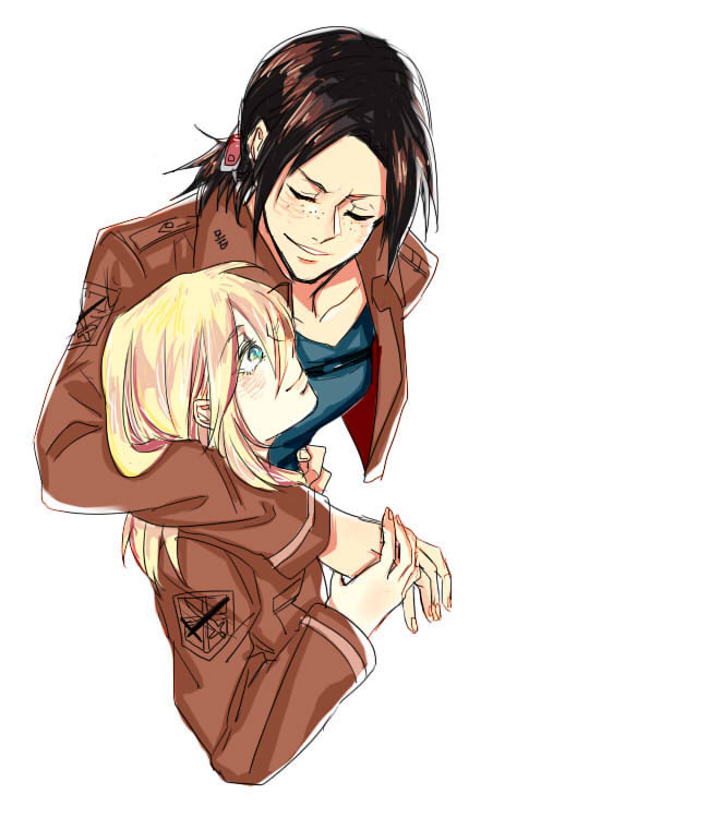 2girls, arm_around_neck, bangs, blonde_hair, brown_hair, christa_renz, closed_eyes, hair_between_eyes