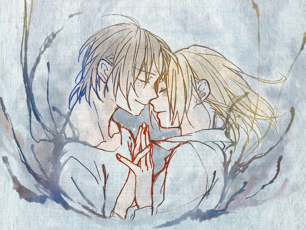 2girls, christa_renz, closed_eyes, hair_down, hands_together, itsu_(artist), multiple_girls, profile