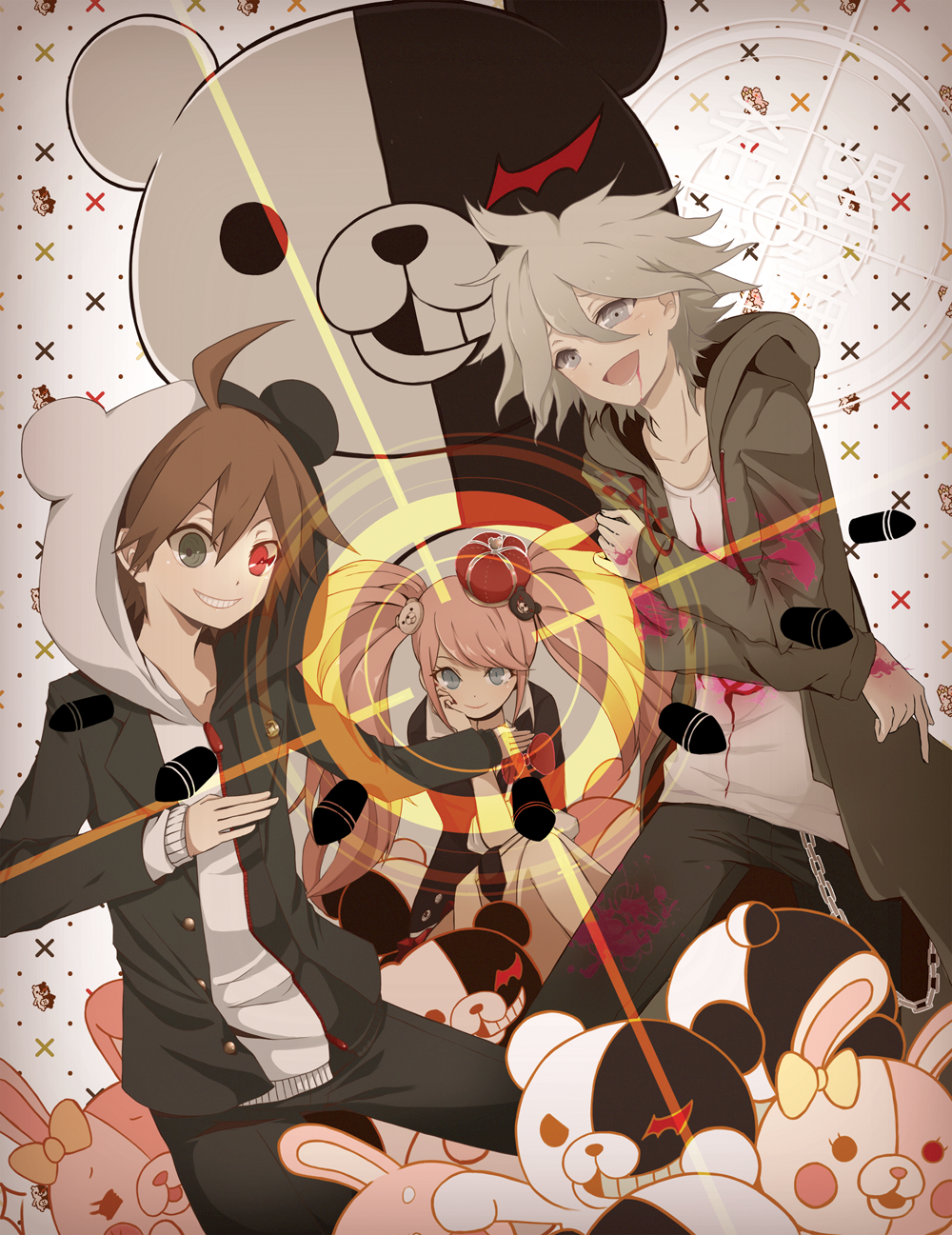 blue_eyes, bow, breasts, bullet, cleavage, crown, dangan_ronpa, enoshima_junko