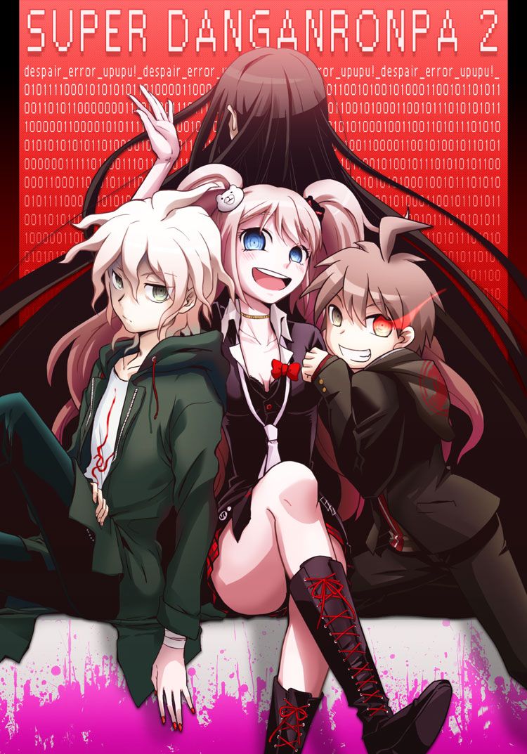 ahoge, binary, black_hair, blood, blue_eyes, boots, bow, breasts, brown_hair, cleavage, cross-laced_footwear, dangan_ronpa, enoshima_junko, hair_ornament, kamukura_izuru, komaeda_nagito, lace-up_boots, long_hair, naegi_makoto, nail_polish, necktie, nibaji, pink_hair, skirt, sleeves_rolled_up, smile, spoilers, super_dangan_ronpa_2, twintails, white_hair