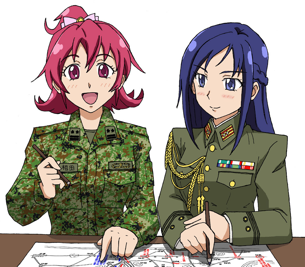 2girls, :d, aida_mana, alternate_costume, blue_eyes, blue_hair, blush, crapgame