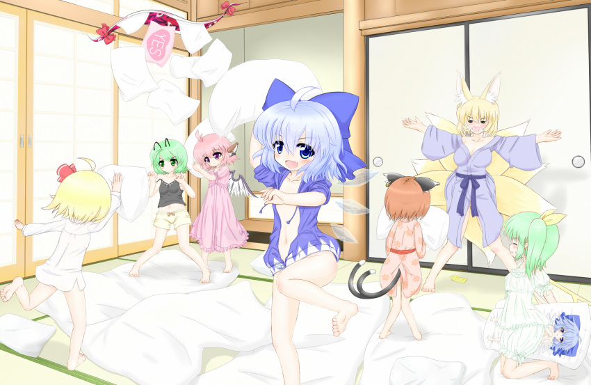 6+girls, =_=, animal_ears, antennae, bare_legs, barefoot, blonde_hair, blue_eyes