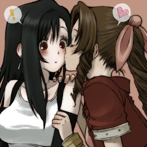 <3, 2girls, aerith_gainsborough, air-bird, bare_shoulders, black_hair, blush, bolero