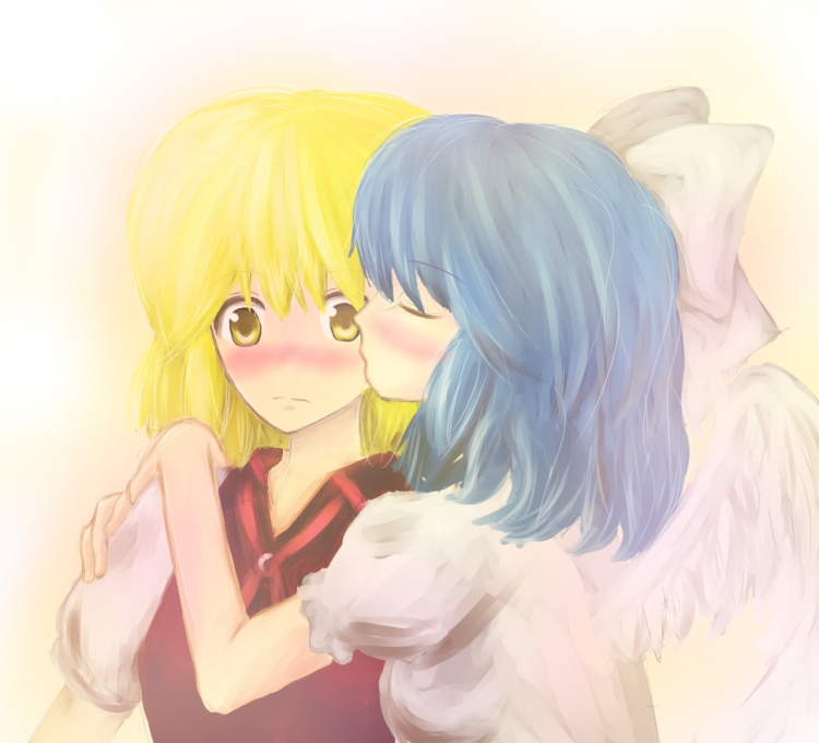 blonde_hair, blue_hair, blush, bow, closed_eyes, embarrassed, hair_bow, hair_ribbon