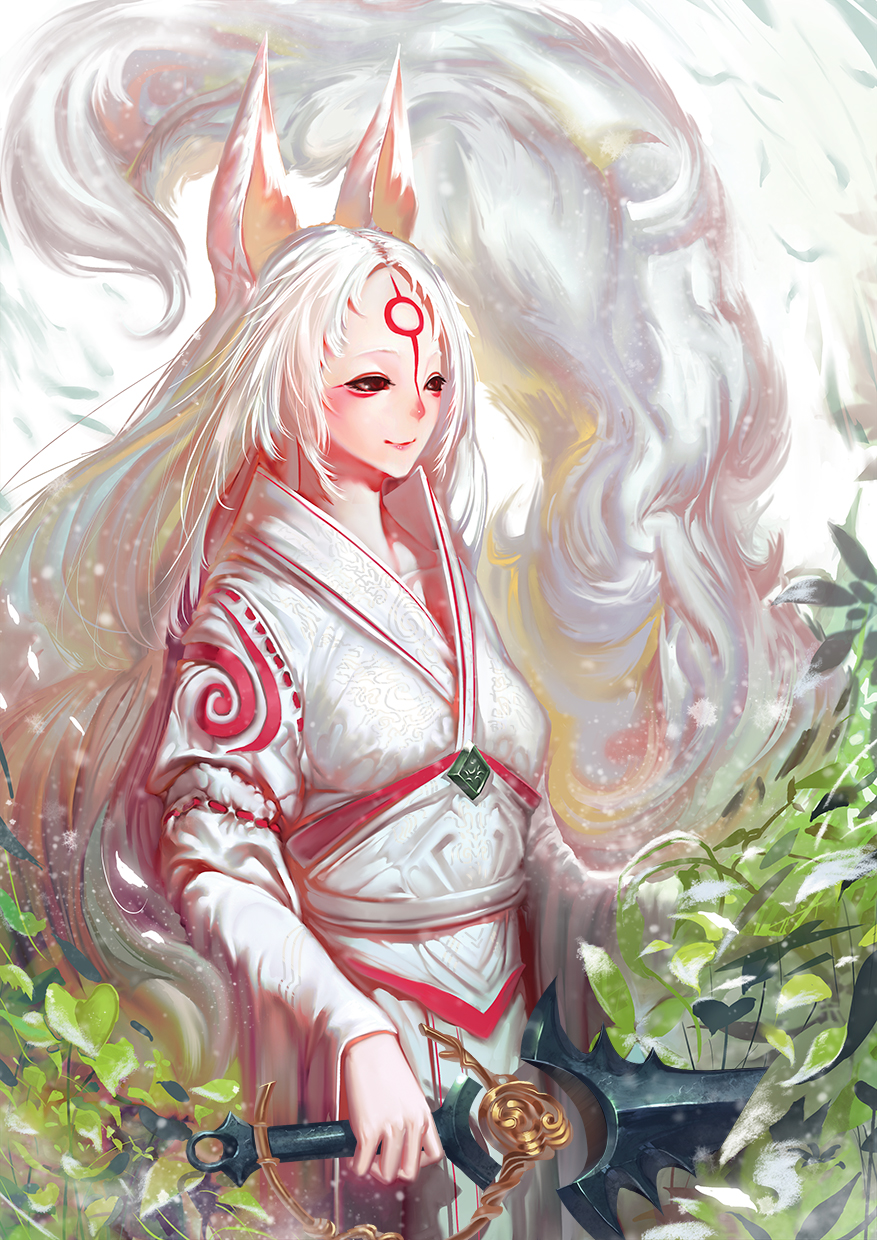 1girl, amaterasu, animal_ears, highres, japanese_clothes, japanese_mythology, karasu-san_(syh3iua83), long_hair
