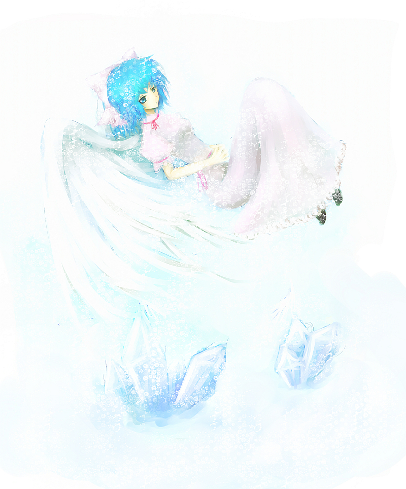 blue_hair, bow, dress, floating, flower, hair_bow, hair_ribbon, ice