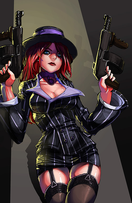 1girl, blue_eyes, breasts, choker, cleavage, dual_wielding, fedora, formal