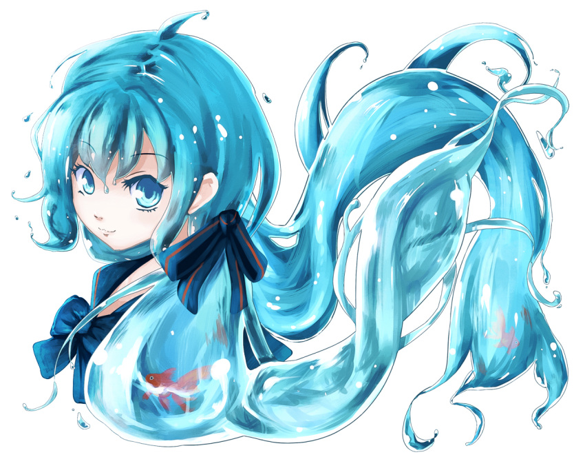 1girl, :3, aqua_eyes, aqua_hair, bottle_miku, fish, hair_ribbon, harp_(artist), hatsune_miku, liquid_hair, long_hair, ribbon, solo, vocaloid, white_background