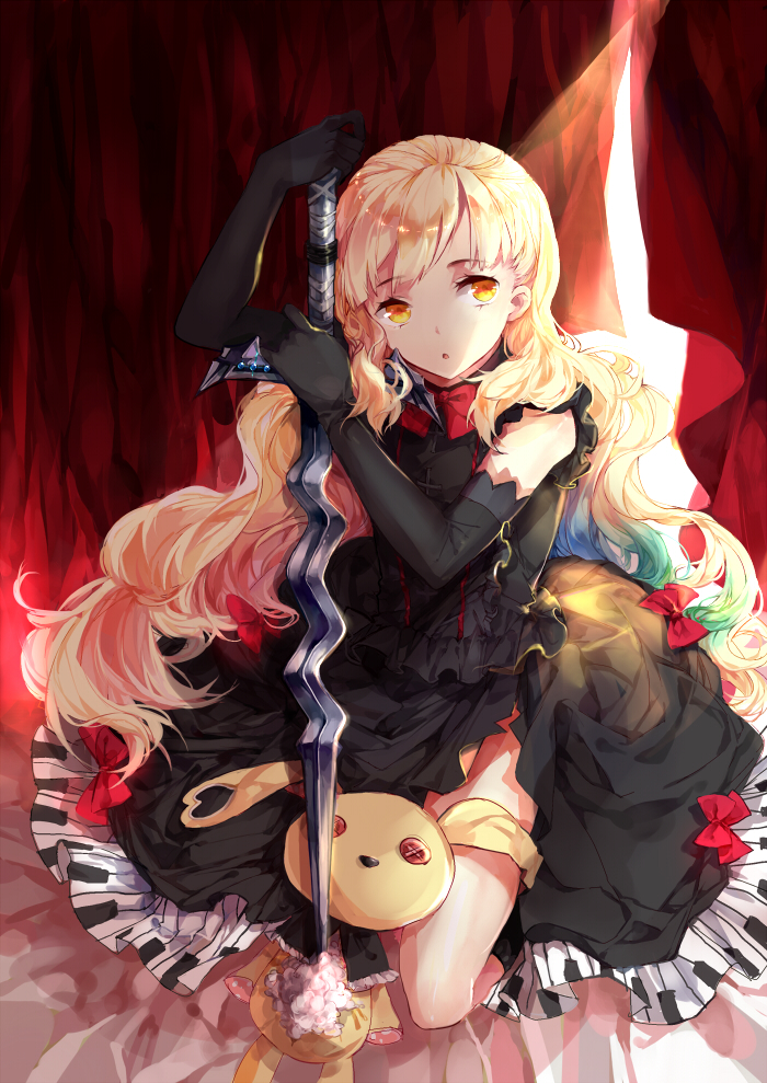 1girl, :o, blonde_hair, bow, doll, dress, elbow_gloves, gloves