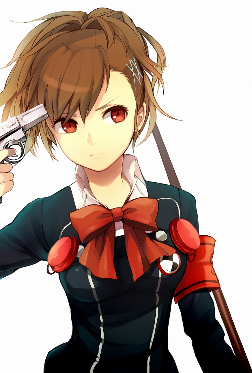 1girl, armband, brown_hair, female_protagonist_(persona_3), gun, hair_ornament, hairclip, headphones
