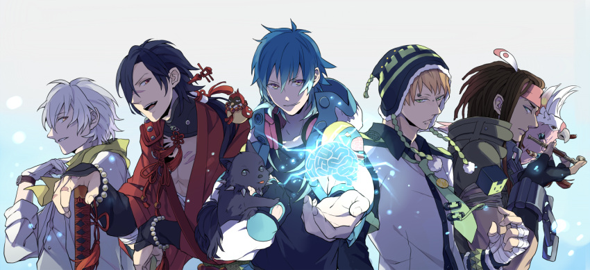 5boys, bird, blonde_hair, blue_hair, brown_hair, clear_(dramatical_murder), dog, dramatical_murder, hat, headband, japanese_clothes, koujaku, long_hair, mink_(dramatical_murder), multiple_boys, necktie, noiz_(dramatical_murder), piercing, pipe, ponytail, ren_(dramatical_murder), scarf, seragaki_aoba, short_hair, sword, tigira, weapon, white_hair