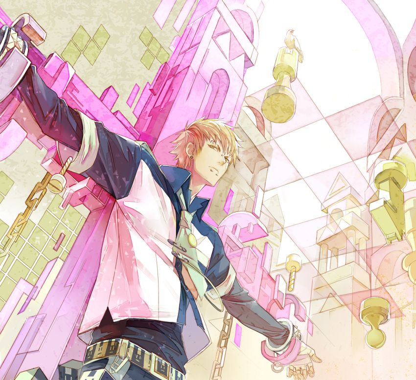1boy, belt, bird, blonde_hair, cross, dramatical_murder, frown, highres