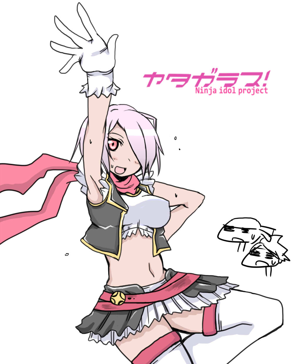 1girl, alternate_costume, blush, breasts, gloves, hair_over_one_eye, hattori_hanzo_uruka, highres, hiya_(dkr), idol, miniskirt, navel, pink_hair, pleated_skirt, red_eyes, scarf, short_hair, skirt, solo, sweat, thigh-highs, vest, white_gloves, white_legwear, yatagarasu_(game)