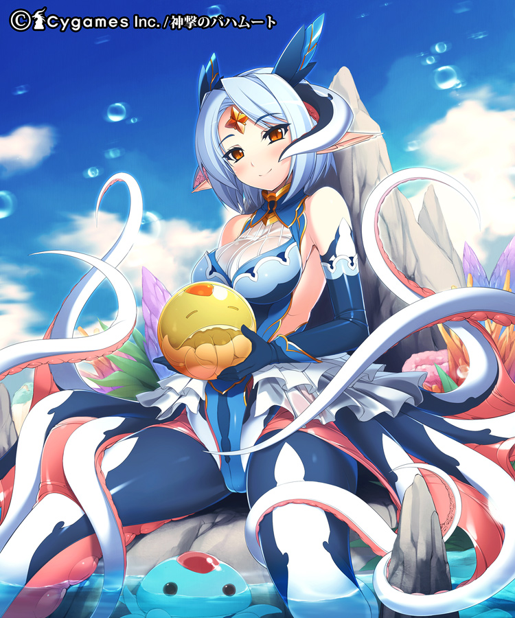 1girl, baby, blue_hair, blush, breasts, character_request, egg, elbow_gloves, forehead_jewel, gloves, jellyfish, leotard, mel/a, monster_girl, orange_eyes, pointy_ears, shingeki_no_bahamut, short_hair, slit_pupils, smile, solo, tentaclegirl, tentacles
