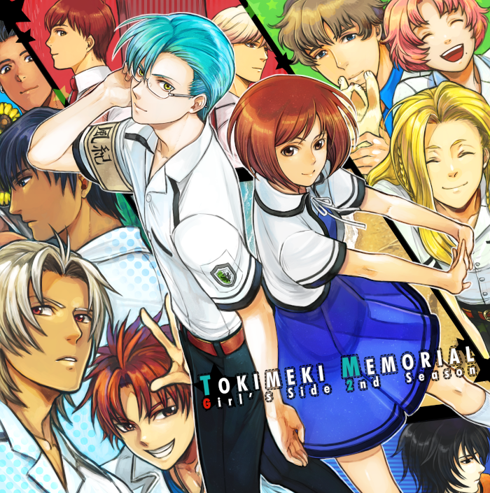 1girl, akagi_kazuyuki, amachi_shouta, armband, blonde_hair, brown_hair, christopher_weatherfield, closed_eyes, glasses, hariya_kounoshin, hikami_itaru, komori_taku, long_hair, majima_tarou, masaki_motoharu, open_mouth, piyo, protagonist_(tokimemo_gs2), saeki_teru, school_uniform, shiba_katsumi, short_hair, skirt, smile, tan, tokimeki_memorial_girl's_side_2nd_kiss, wakaouji_takafumi