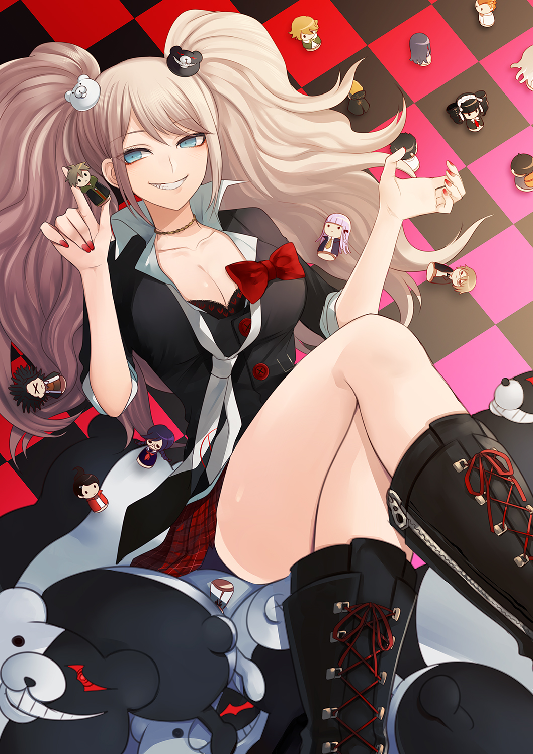 asahina_aoi_(dangan-ronpa), blue_eyes, boots, breasts, celestia_rudenberk, cleavage, collarbone, dangan_ronpa
