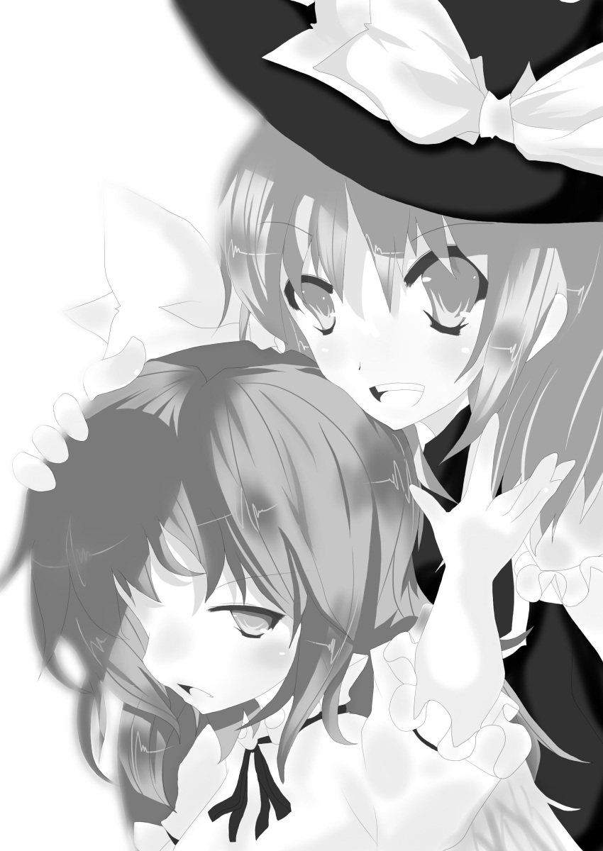 2girls, absurdres, annoyed, bow, hair_bow, hair_ribbon, hat, hat_ribbon