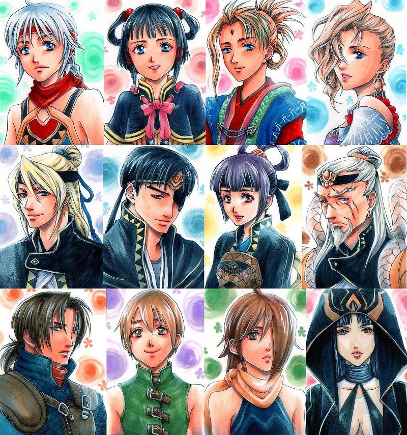 5girls, 6+boys, annotated, armor, beard, belcoot, black_hair, blue_eyes, braid, breasts, brown_eyes, brown_hair, bust, choker, cleavage, dark_skin, earrings, eyepatch, facial_hair, facial_mark, forehead_mark, freyjadour_falenas, frown, galleon, gensou_suikoden, gensou_suikoden_v, georg_prime, goatee, grey_eyes, hair_ornament, hair_over_one_eye, hair_rings, headband, hood, jewelry, kyle, long_hair, lucretia_merces, lyon, mi_(matilda-mc), miakis, multiple_boys, multiple_girls, purple_hair, richard_(suikoden), roy_(suikoden), scar, scarf, short_hair, shoulder_pads, sialeeds_falenas, silver_hair, single_braid, smile, violet_eyes, white_hair, zerase