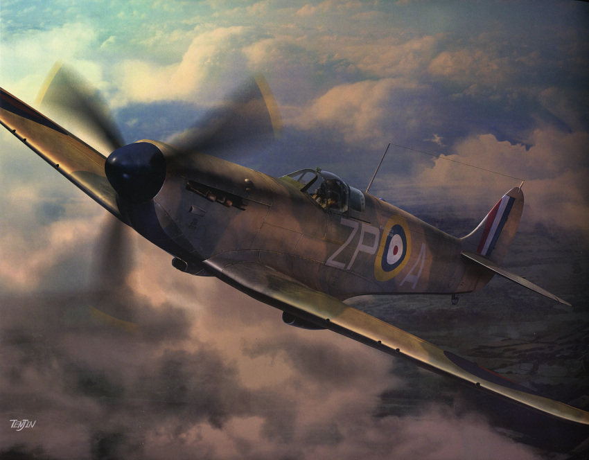highres, macross, military, official_art, production_art, realistic, sky, spitfire, supermarine_spitfire, tenjin_hidetaka, world_war_ii