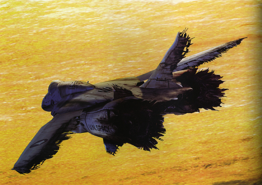 airplane, damage, damaged, highres, jet, jpeg_artifacts, kudou_shin, macross, macross_zero, mecha, ocean, official_art, production_art, tenjin_hidetaka, u.n._spacy, un_spacy, vf-0, vf-0a