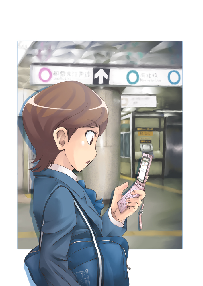 1girl, bag, blazer, brown_eyes, brown_hair, cellphone, naoyuki, phone