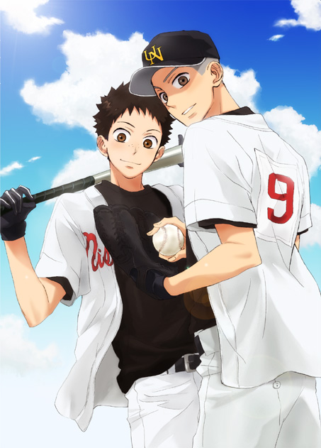2boys, baseball, baseball_bat, baseball_cap, baseball_mitt, baseball_uniform, brown_hair, freckles
