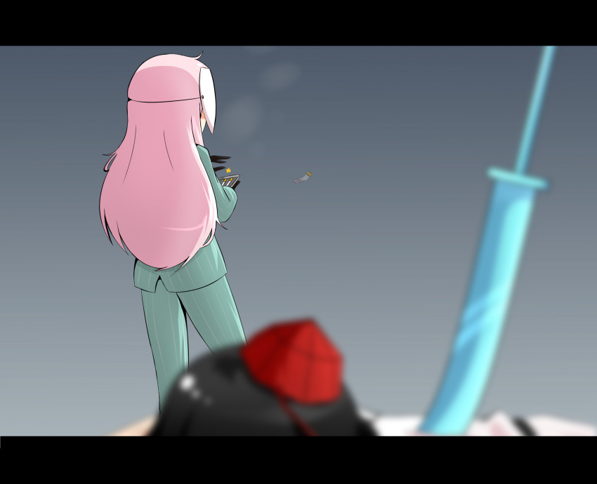 cigarette, cigarette_case, from_behind, gloves, hat, hata_no_kokoro, highres, mask, polearm, shameimaru_aya, solo_focus, spear, team_fortress_2, the_spy, tokin_hat, touhou, weapon, wool_(miwol)