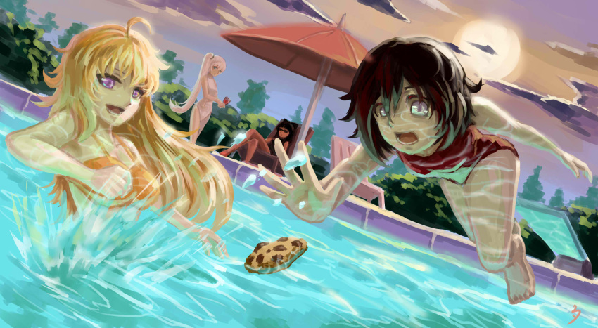 4girls, bikini, black_hair, blake_belladonna, blonde_hair, blue_eyes, bra, breasts