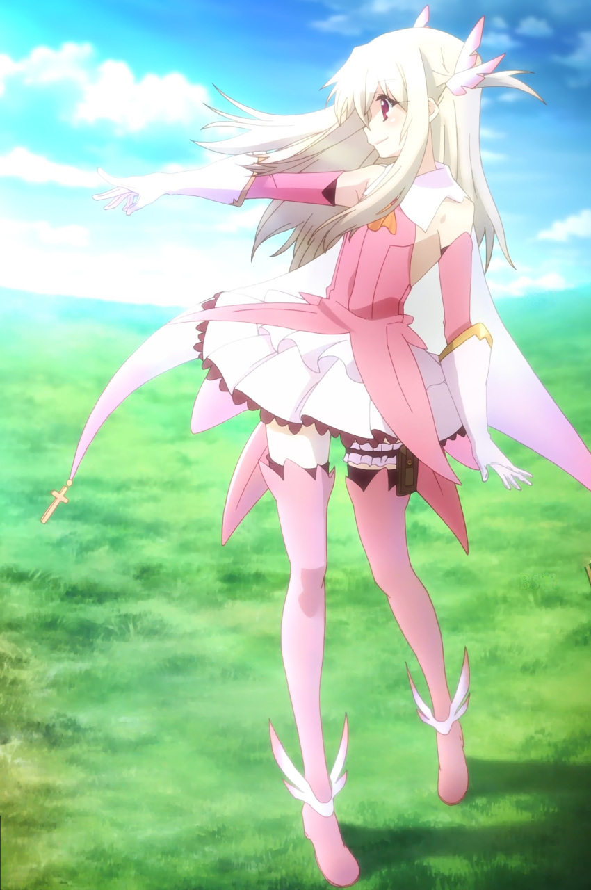 boots, brown_hair, clouds, fate/kaleid_liner_prisma_illya, fate_(series), grass, highres, illyasviel_von_einzbern, light_hair, long_hair, magical_girl, morning, prisma_illya, red_eyes, screencap, side_view, sky, thigh-highs, thigh_boots