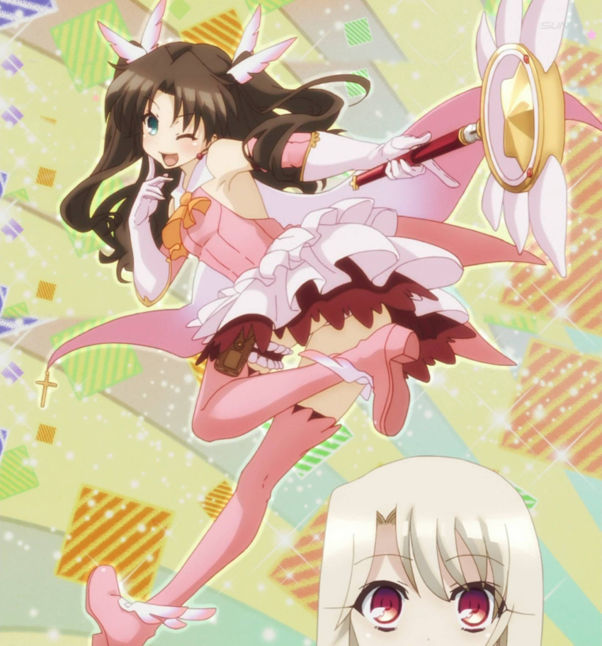 blush, boots, brown_hair, fate/kaleid_liner_prisma_illya, fate_(series), green_eyes, highres, illyasviel_von_einzbern