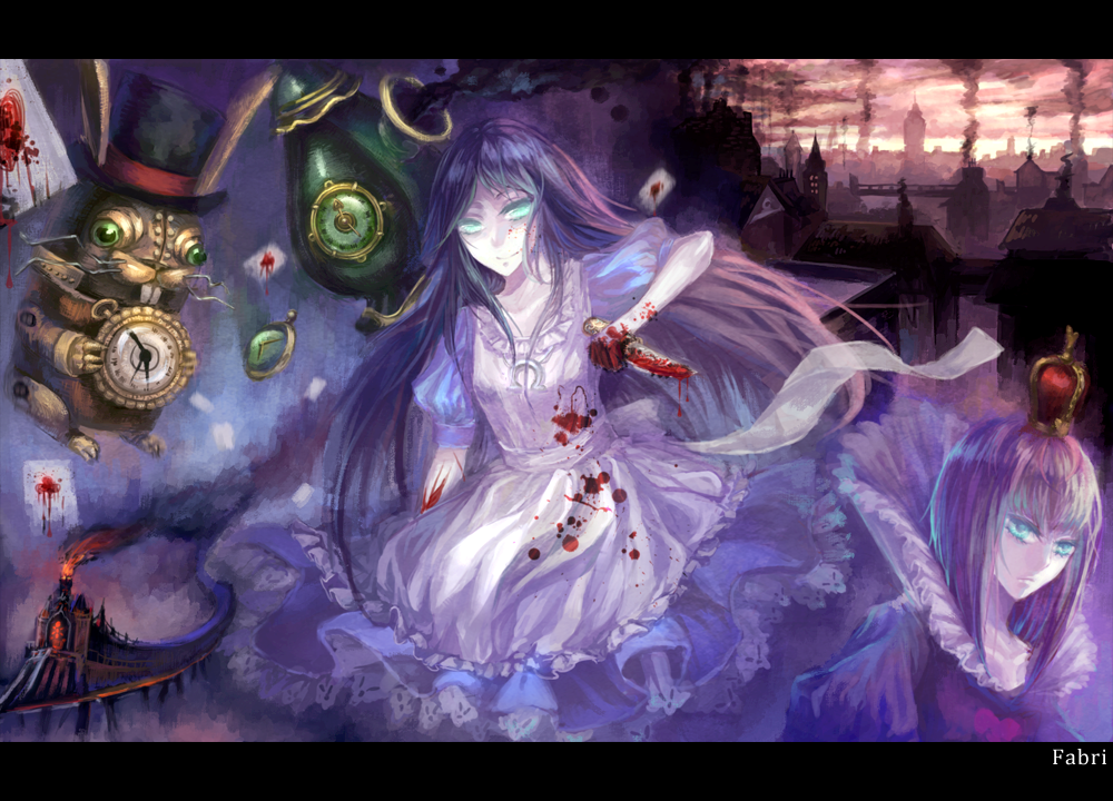 2girls, alice:_madness_returns, alice_(wonderland), alice_in_wonderland, american_mcgee's_alice, aqua_eyes, black_hair, blood