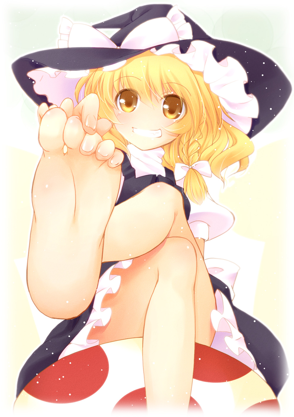 1girl, barefoot, blonde_hair, braid, crossed_legs, feet, grin, hat