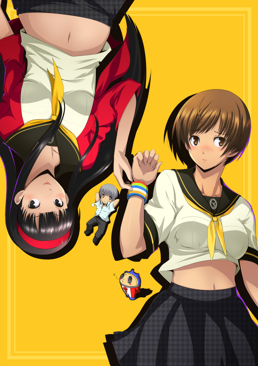 2boys, 2girls, amagi_yukiko, black_eyes, black_hair, blush, brown_eyes, brown_hair