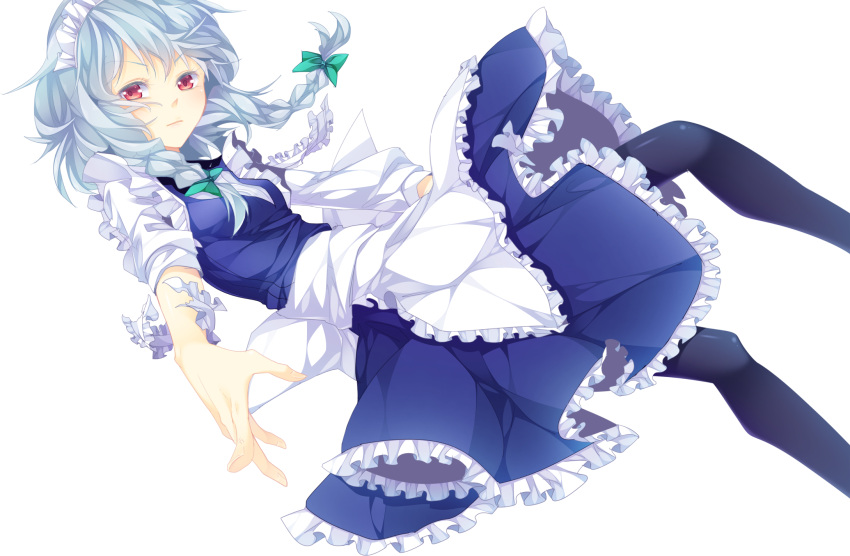 1girl, apron, black_legwear, blush, braid, ekureeru, highres, izayoi_sakuya