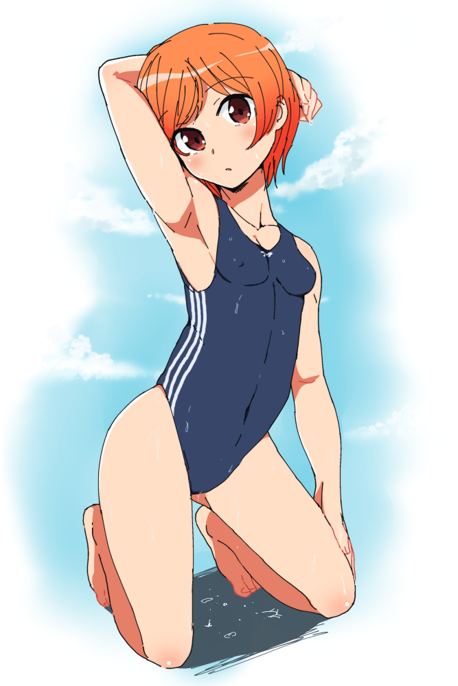 1girl, arm_up, brown_eyes, gagajya, orange_hair, original, school_swimsuit, short_hair