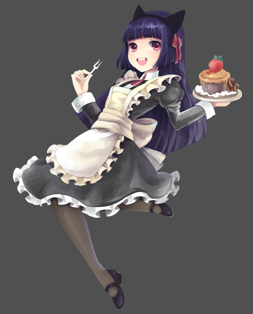 1girl, animal_ears, apron, black_hair, cake, cat_ears, food, fork