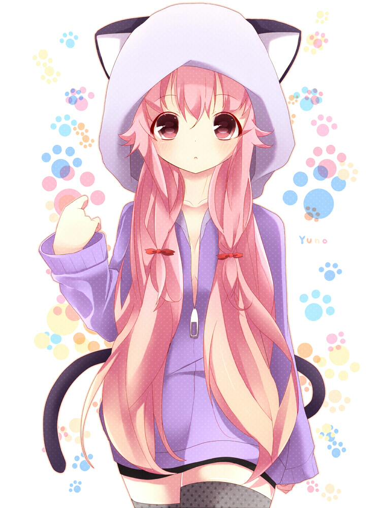 1girl, :<, animal_hat, blush, bow, cat_hat, cat_tail, gasai_yuno