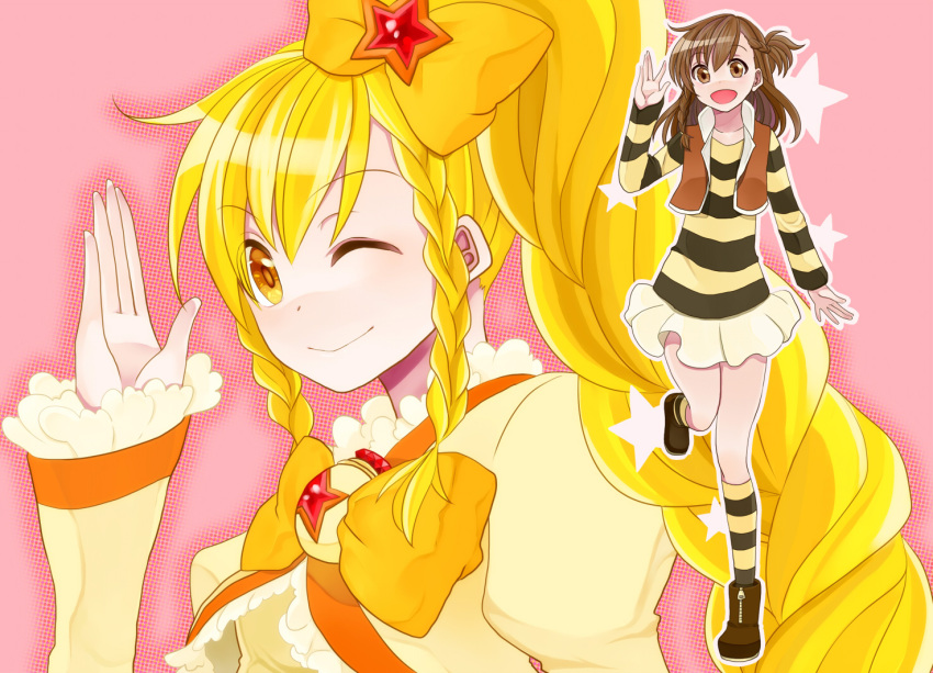 1girl, :d, blonde_hair, braid, brown_eyes, brown_hair, dual_persona, female