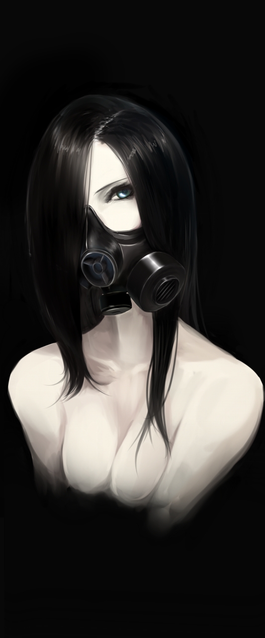 1girl, black_background, black_hair, blue_eyes, breasts, cleavage, erise, gas_mask