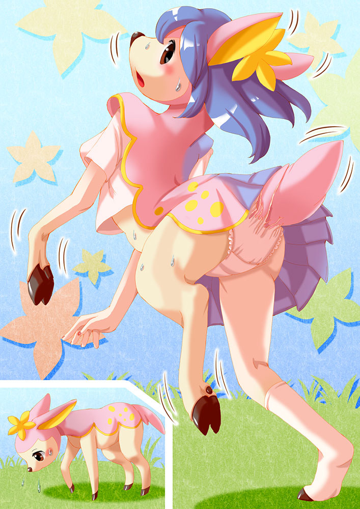 blue_hair, blush, deerling, edmol, flower, grass, hair_flower, hair_ornament, leaf, original, panties, pink_panties, pokemon, red_eyes, shaking, skirt, socks, sweat, torn_clothes, transformation, underwear