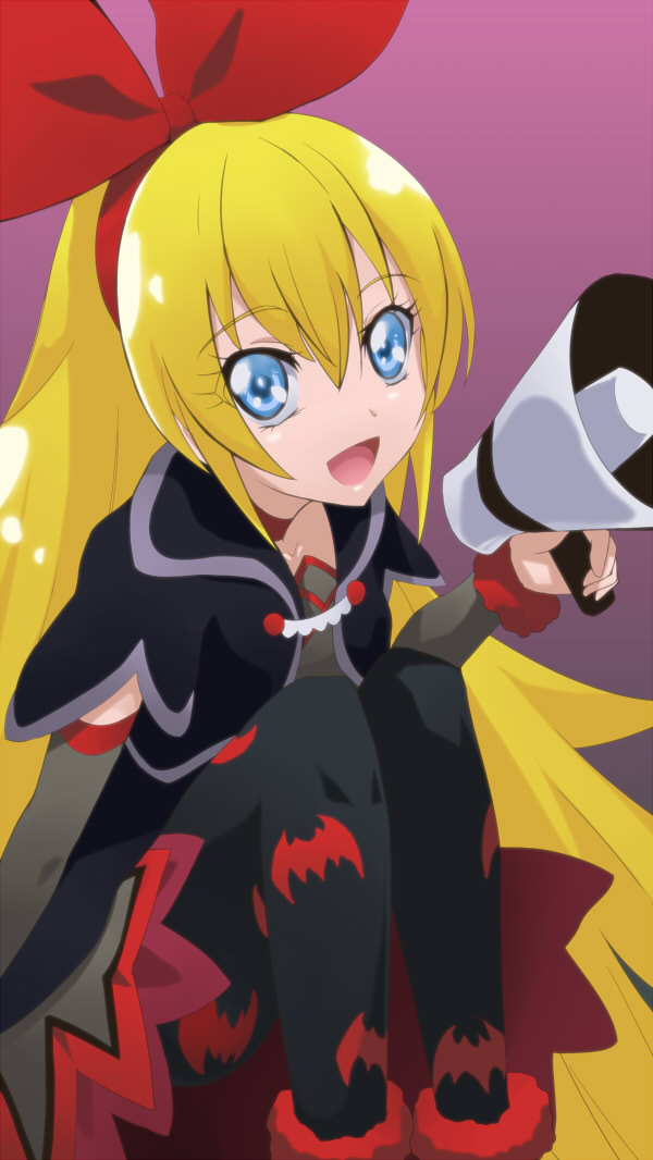 1girl, :d, bat_print, black_legwear, blonde_hair, blue_eyes, dokidoki!_precure, hairband, open_mouth, pantyhose, precure, purple_background, red_ribbon, regina_(dokidoki!_precure), ribbon, shikaten, simple_background, smile, solo, speaker