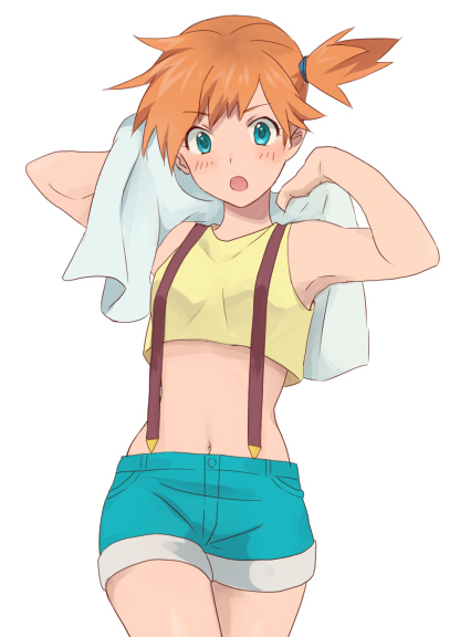 1girl, aqua_eyes, arms_up, blush, kasumi_(pokemon), midriff, misty_(pokemon), navel