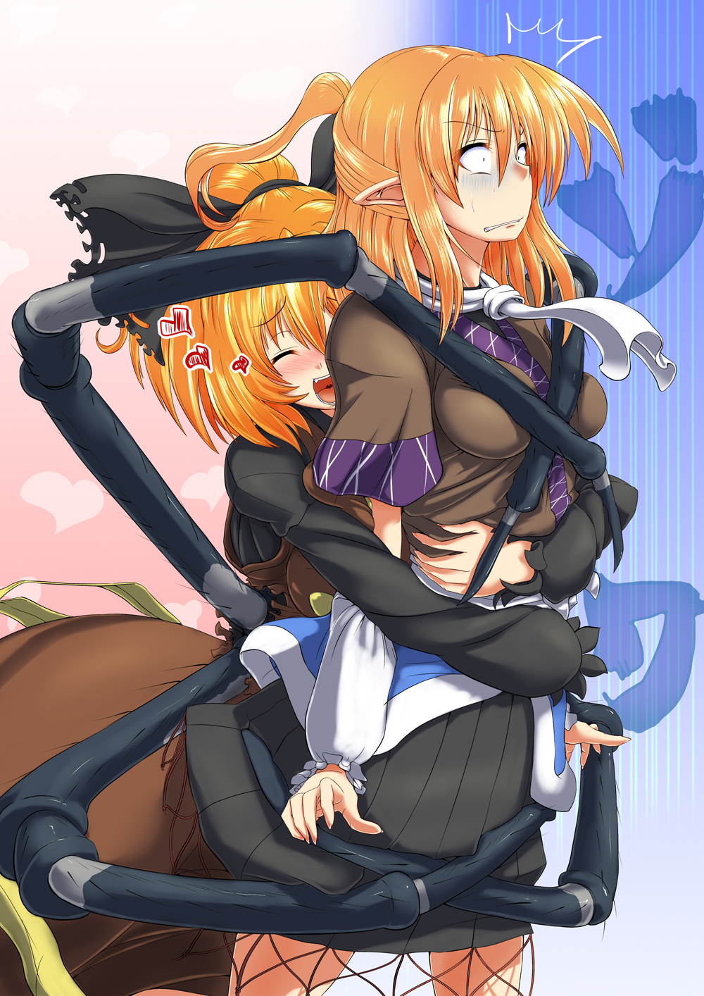 2girls, arm_warmers, blonde_hair, blush, bow, breasts, closed_eyes, dress