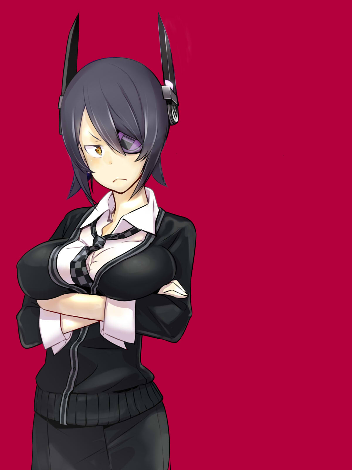 1girl, black_hair, breasts, crossed_arms, eyepatch, headgear, highres, kantai_collection