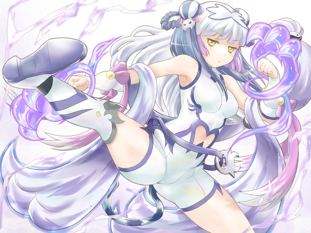 1girl, bare_shoulders, black_hair, boots, breasts, haku_(p&amp;d), kicking, multicolored_hair, purple_hair, puzzle_&amp;_dragons, silver_hair, spread_legs, tail, tsuwabuki-san, twintails, yellow_eyes, yin_yang