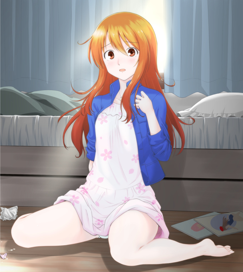 1boy, barefoot, blush, brown_eyes, brown_hair, crossdressinging, dress, genshiken