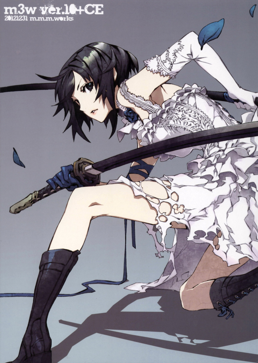 1girl, 2012, absurdres, artist_request, black_eyes, black_hair, boots, character_request