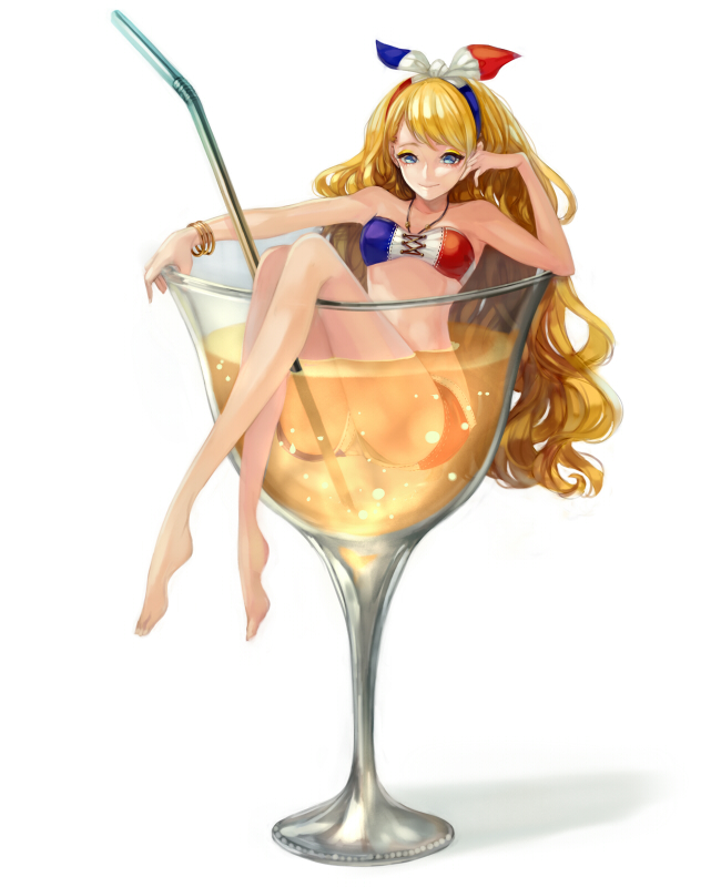 1girl, bare_legs, bare_shoulders, barefoot, bikini, blonde_hair, blue_eyes, bracelet, drink, french_flag_bikini, glass, hair_ribbon, jewelry, long_hair, minigirl, orangina, original, partially_submerged, ribbon, smile, solo, swimsuit, wavy_hair, youcapriccio
