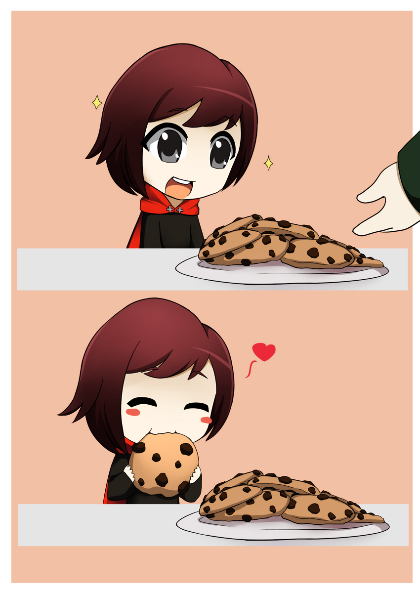 1girl, blush, cape, chibi, closed_eyes, comic, cookie, cross, eating, food, hands, heart, highres, open_mouth, plate, redhead, rouzille, ruby_(rwby), ruby_rose, rwby, short_hair, sparkle