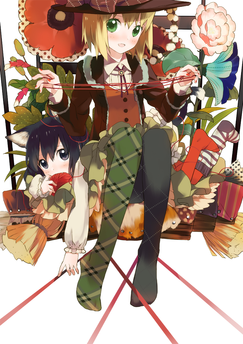 animal_ears, argyle, argyle_legwear, black_eyes, black_hair, black_legwear, blonde_hair, blush